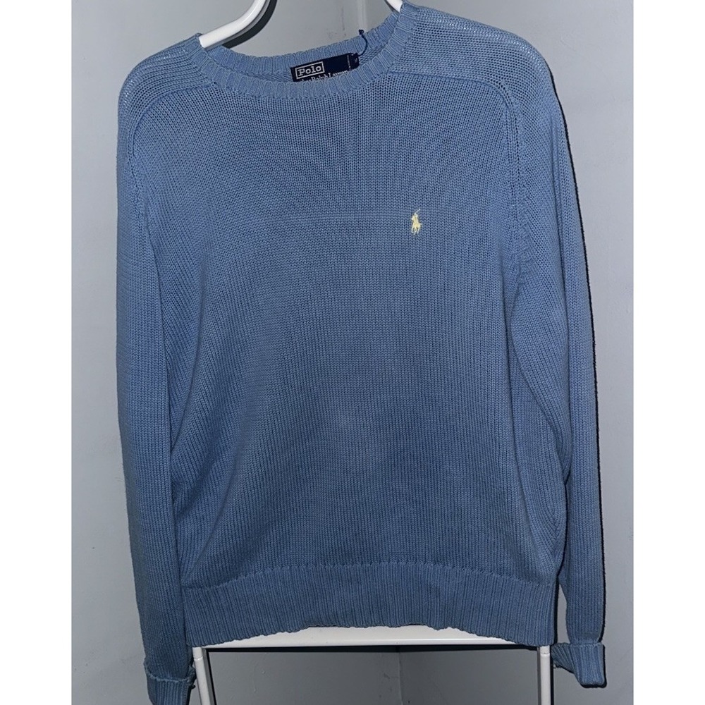 Vtg Polo Ralph Lauren Sweater Blue Yellow Pony Cotton Crew Neck Hong Kong Sz Med